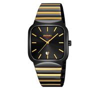 Gosasa Reloj cuadrado clásico para hombre, analógico, cuarzo, correa de acero inoxidable, impermeable, para negocios, vestido, reloj de pulsera con calendario, Negro dorado, Moda