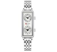 Gosasa Reloj de cuarzo para mujer, esfera rectangular con doble zona horaria, resistente al agua hasta 30 m, Acero plateado