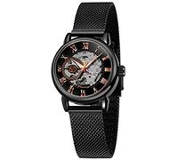 Gosasa Reloj de esqueleto para mujer, reloj mecánico hueco, correa de malla luminosa, números romanos, reloj de pulsera casual para mujer, negro rosa dorado, Moda