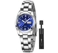 Gosasa Reloj de pulsera de acero inoxidable plateado para mujer, reloj analógico de cuarzo, cara pequeña, reloj de vestir para mujer, azul, Informal