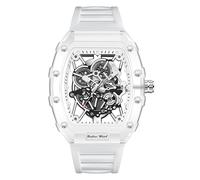 Gosasa Reloj de pulsera de cuarzo para hombre, diseño de esqueleto y esfera tonneau, impermeable, analógico, deportivo, informal, con caja transparente, correa de silicona, Blanco, Moda