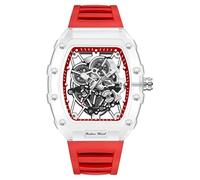 Gosasa Reloj de pulsera de cuarzo para hombre, diseño de esqueleto y esfera tonneau, impermeable, analógico, deportivo, informal, con caja transparente, correa de silicona, Rojo -, Moda