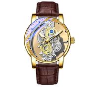 GOSASA Reloj de pulsera masculino creativo de cuarzo de acero inoxidable con pantalla analógica transparente hueca de doble cara, Marrón