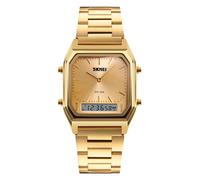 Gosasa Reloj de pulsera para hombre y mujer, cuadrado, multifunción, cronómetro, doble pantalla, correa de acero inoxidable, analógico, deportivo, Dorado, Informal/Deportivo