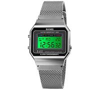 Gosasa Reloj Deportivo clásico Unisex para Hombre y Mujer, Digital, multifunción, Correa de Acero Inoxidable, Cuadrado, Impermeable, electrónico, LED, Reloj, Malla Plateada, M, Digital