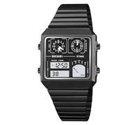 Gosasa Reloj deportivo cuadrado multifunción para hombre, doble pantalla, termómetro y fecha, acero inoxidable, alarma, negocios, cuarzo, Negro -, Moda