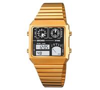 Gosasa Reloj deportivo cuadrado multifunción para hombre, doble pantalla, termómetro y fecha, acero inoxidable, alarma, negocios, cuarzo, Oro, Moda