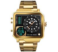 Gosasa Reloj deportivo digital de acero inoxidable con esfera grande cuadrada para hombre, reloj de pulsera de cuarzo analógico LED con múltiples zonas horarias, cronómetro impermeable, Oro, Digital