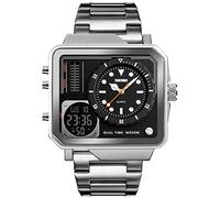 Gosasa Reloj deportivo digital de acero inoxidable con esfera grande cuadrada para hombre, reloj de pulsera de cuarzo analógico LED con múltiples zonas horarias, cronómetro impermeable, plateado, big,