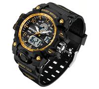 Gosasa Reloj deportivo digital para mujer, 5 ATM, resistente al agua, luz LED, esfera grande, analógico, multifuncional, reloj de pulsera con alarma, cronómetro, calendario, timbre por hora, Negro Oro