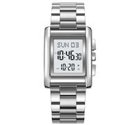 Gosasa Reloj digital de moda para hombre, acero inoxidable, casual, deportivo, impermeable, rectangular, con pantalla luminosa, plateado, Informal/deportivo/negocios
