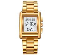 Gosasa Reloj digital de moda para hombre y mujer, de acero inoxidable, informal, deportivo, impermeable, rectangular, con pantalla luminosa, Oro, Informal/deportivo/negocios