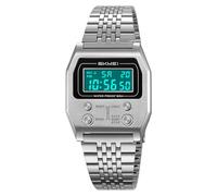 Gosasa Reloj digital rectangular retro para hombre, diseño clásico y elegante, multifuncional, acero inoxidable, reloj de pulsera con alarma, cronómetro, cuenta regresiva, Plateado, Vintage