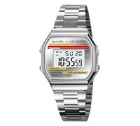 Gosasa Reloj digital retro para hombres y mujeres, correa de acero inoxidable, retroiluminación LED, alarma, cronómetro, impermeable, cronógrafo, con visualización de fecha y semana, 12/24H