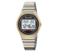 Gosasa Reloj digital retro ultrafino para hombre y mujer, resistente al agua, acero inoxidable 30 m, reloj de cuarzo informal con retroiluminación LED, alarma, cronómetro, Dorado plata, Mujer