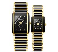 Gosasa Relojes vintage para parejas para hombres y mujeres, reloj de cuarzo cuadrado de cerámica para él y para ella, par de relojes de diamantes impermeables, Negro dorado, Lujo