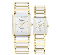 Gosasa Relojes vintage para parejas para hombres y mujeres, reloj de cuarzo cuadrado de cerámica para él y para ella, par de relojes de diamantes impermeables, Dorado, blanco, Lujo