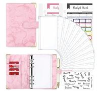 Goshyda 12 Hojas de Presupuesto Coloridas+bolsillo de la Cremallera 12+24 Pestañas 1+2 Pestañas de Palabras en Inglés A6 Manual de Carpeta de Hojas Sueltas Mármol Notebook de Cuero PU 6 (rosa)