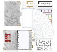 Goshyda 12 Hojas de Presupuesto Coloridas+bolsillo de la Cremallera 12+24 Pestañas 1+2 Pestañas de Palabras en Inglés A6 Manual de Carpeta de Hojas Sueltas Mármol Notebook de Cuero PU 6 (GRAY)