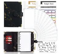 Goshyda 12 Hojas de Presupuesto Coloridas+bolsillo de la Cremallera 12+24 Pestañas 1+2 Pestañas de Palabras en Inglés A6 Manual de Carpeta de Hojas Sueltas Mármol Notebook de Cuero PU 6 (BLACK)