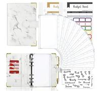 Goshyda 12 Hojas de Presupuesto Coloridas+bolsillo de la Cremallera 12+24 Pestañas 1+2 Pestañas de Palabras en Inglés A6 Manual de Carpeta de Hojas Sueltas Mármol Notebook de Cuero PU 6 (wuite)