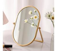 Gosider Espejo de maquillaje ovalado, espejo plegable dorado, soporte de metal portátil, plegable, espejo de alto brillo, giratorio para tocador, salón, dormitorio, baño