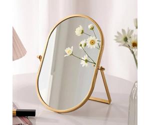 Gosider Espejo de maquillaje ovalado, espejo plegable dorado, soporte de metal portátil, plegable, espejo de alto brillo, giratorio para tocador, salón, dormitorio, baño