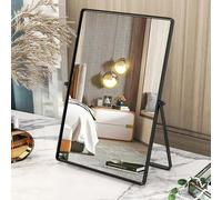 Gosider Espejo de mesa negro, espejo de maquillaje portátil con marco de metal, espejo rectangular con soporte, 90°, espejo de mesa de escritorio de una sola cara para dormitorio, sala de estar,