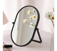 Gosider Espejo de mesa ovalado negro marco de metal portátil por un lado giratorio brillante espejo de pie para tocador, baño, dormitorio, oficina
