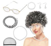 Gosknor Conjunto de Disfraz Peluca Anciana, Pelucas de Abuela Incluidas Gafas y Otros Accesorios Delicadas Pelucas Anciana para Fiesta Cosplay (Estilo 3)