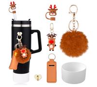 Gosknor Juego de Accesorios de Navidad para Stanley Cup, 6uds con Tapa de Pajita Soporte para Pintalabios Gancho y Pompón Adornos Navideños para Stanley Vasos de 30 y 40 oz (Alce)
