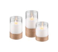 Goobay 60343 Set de 3 velas LED de cera real en vidrio envuelto en cáñamo, luz de vela blanca cálida, llama móvil, velas de 10, 12,5 y 15 cm de altura transparente
