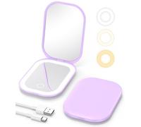 Gospire Espejo compacto iluminado con luz y aumento 1X/3X, atenuación continua y luces ajustables de tres colores, batería recargable y tamaño compacto para bolso y viajes, morado