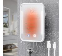 Gospire Espejo de ducha con calefacción sin niebla para afeitarse con luz, batería recargable de 5000 mAh, ventosa desmontable y soporte para maquinilla de afeitar para pared, sin perforación