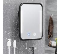 Gospire Espejo de ducha con calefacción sin niebla para afeitarse con luz, batería recargable y brillo ajustable, ventosa y soporte para maquinilla de afeitar, extraíble y sin taladrar, impermeable