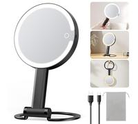 Gospire Espejo de maquillaje de viaje con aumento de 10 x 1 aumento, espejo de tocador iluminado de 2 lados, recargable 3 en 1 para colgar en el escritorio, 3 luces regulables de color, negro