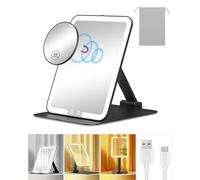 Gospire Espejo de maquillaje de viaje con luces y aumento de 10X, espejo de mesa compacto portátil con soporte ajustable, 3 luces de colores, espejo de tocador LED recargable, color negro