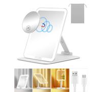 Gospire Espejo de maquillaje de viaje con luces y aumento de 10X, mesa compacta portátil con soporte ajustable, 3 luces de colores recargables con LED, tocador cosmético, color blanco
