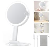 Gospire Espejo de maquillaje de viaje con lupa 10X 1X de aumento de 2 lados, espejo de tocador iluminado recargable 3 en 1 para colgar en el escritorio, 3 luces regulables de color, blanco