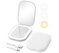 Gospire Espejo de maquillaje de viaje con luz y aumento 1X/3X, atenuación continua y luces de tres colores ajustables, batería recargable y tamaño compacto para bolso