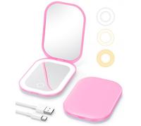 Gospire Espejo de maquillaje de viaje iluminado con aumento 3X y luz ajustable de tres colores, espejo pequeño recargable para bolso, rosa profundo