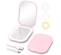 Gospire Espejo de maquillaje de viaje iluminado con luz y aumento 1X/3X, atenuación continua y luces ajustables de tres colores, batería recargable y tamaño compacto para bolso y uso portátil, color