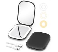 Gospire Espejo de maquillaje de viaje iluminado con luz y aumento, espejo pequeño recargable de aumento 3X con luz ajustable de tres colores, mini espejo LED para bolso, color negro