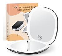 Gospire Espejo de maquillaje de viaje recargable de 3.9 pulgadas con luces y aumento 10X, 3 colores de luz y brillo ajustable, cierre magnético y función de memoria, espejo compacto LED para bolso,