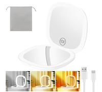 Gospire Espejo de maquillaje de viaje recargable de 3.9 pulgadas con luces y aumento 10X, 3 colores de luz y brillo ajustable, cierre magnético y función de memoria, espejo compacto LED para bolso,