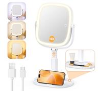 Gospire Espejo de maquillaje iluminado con luces y aumento 1X/10X, base de bandeja y altura ajustable para escritorio, batería recargable de 4000 mAh, 3 luces de color y función de memoria para