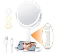 Gospire Espejo de maquillaje iluminado recargable de 8 pulgadas con aumento de 1X/10X, 3 luces de colores y brillo ajustable, espejo de maquillaje de viaje desmontable con 80 luces LED, espejo de