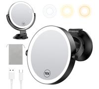 Gospire Espejo de maquillaje montado en la pared de 7 pulgadas con potente ventosa, aumento de doble cara 1X/10X, 3 luces de color y brillo ajustable, batería recargable de 2000 mAh, afeitado para