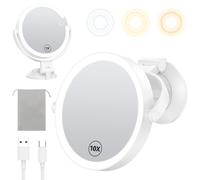 Gospire Espejo de maquillaje montado en la pared de 7 pulgadas con potente ventosa, aumento de doble cara 1X/10X, 3 luces de color y brillo ajustable, batería recargable de 2000 mAh, afeitado para