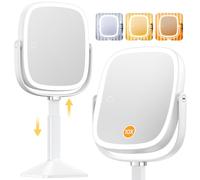 Gospire Espejo de maquillaje rectangular iluminado con aumento, espejo de aumento 10X con luces de 3 colores, altura ajustable y batería de 4000 mAh para dormitorio, baño, gran superficie para mujeres